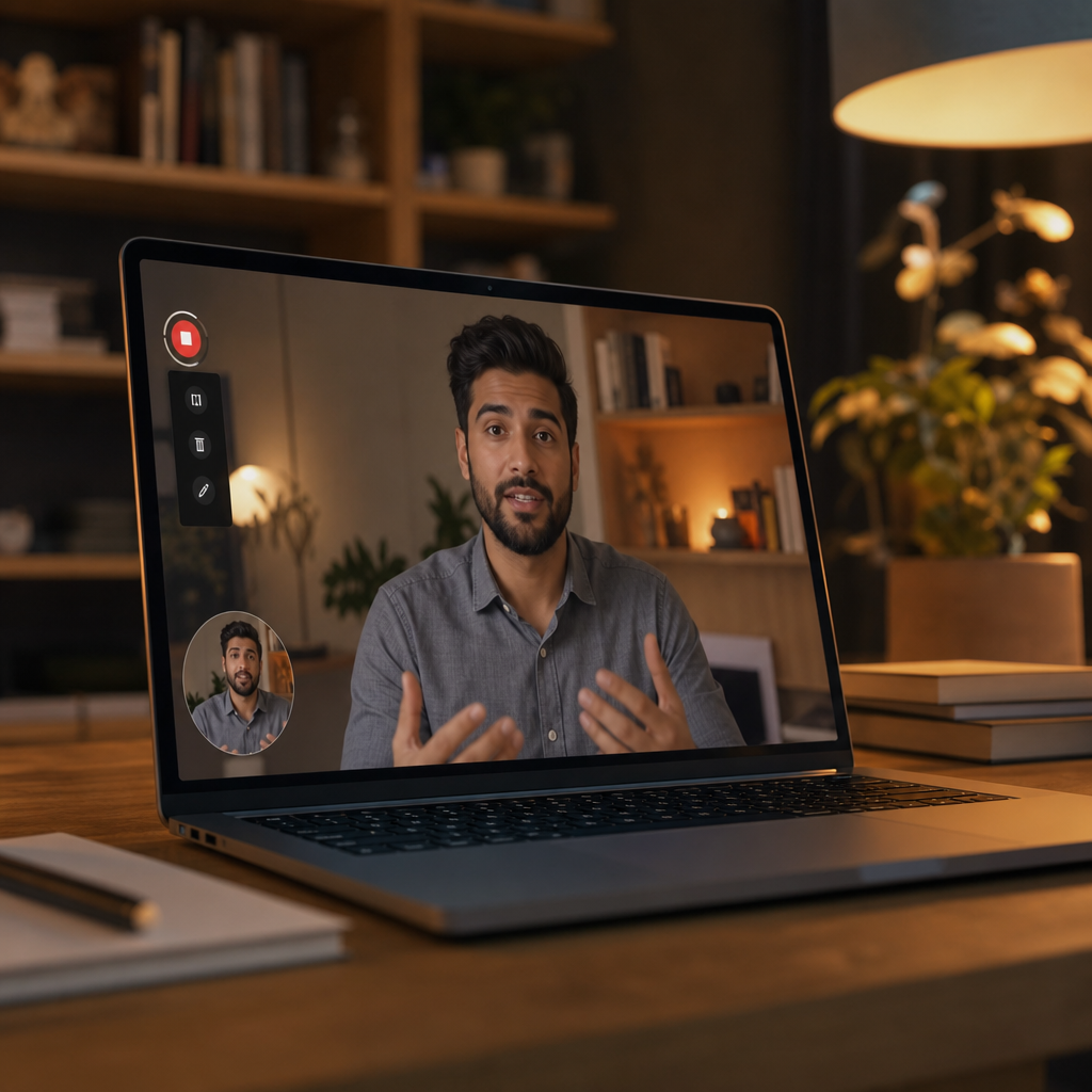 Photorealistic laptop screen showing Loom video recording interface with a remot