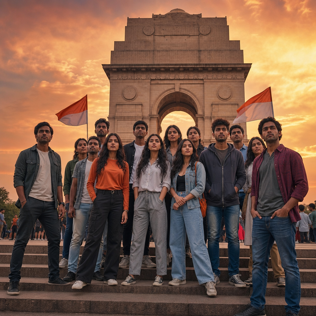 Photorealistic wide shot of a diverse group of young Indian actors in casual att