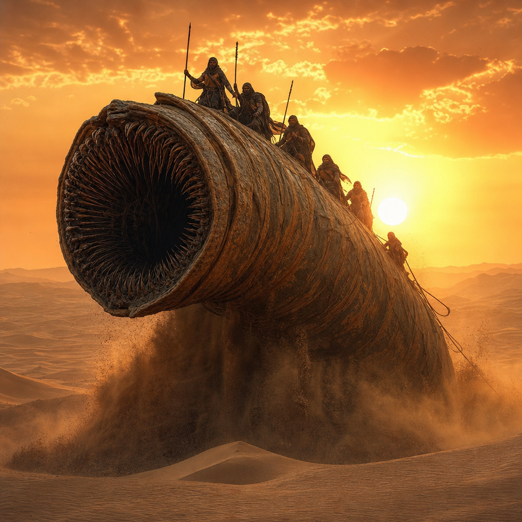 Massive sandworm emerging from desert dunes at sunset with Fremen warriors on it