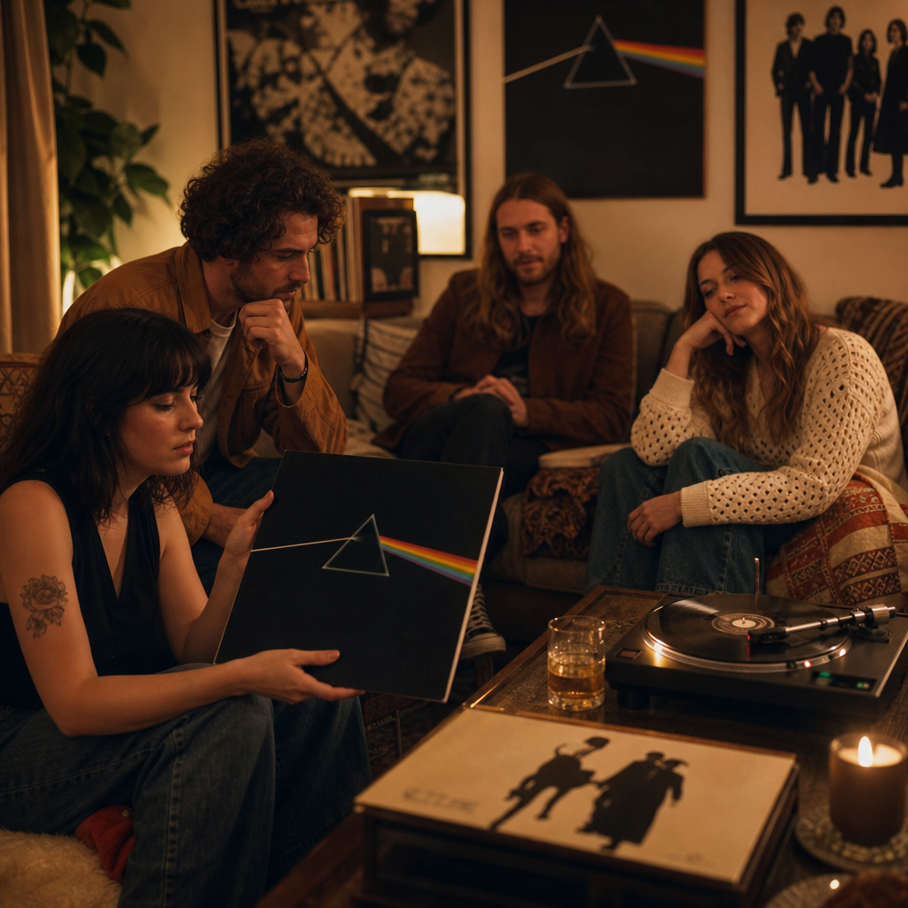 Photorealistic scene of a cozy living room with friends listening to vinyl recor