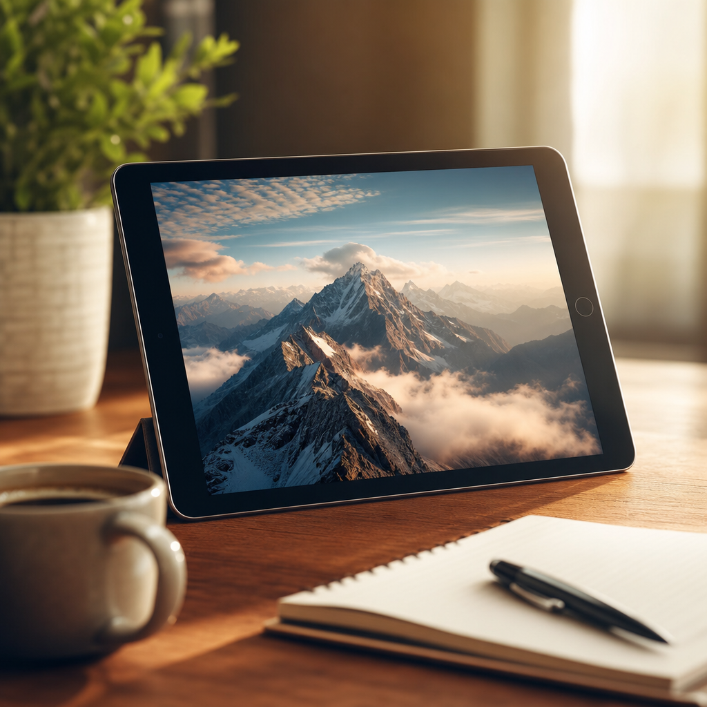 Close-up of an iPad displaying a serene mountain landscape wallpaper on a sunlit
