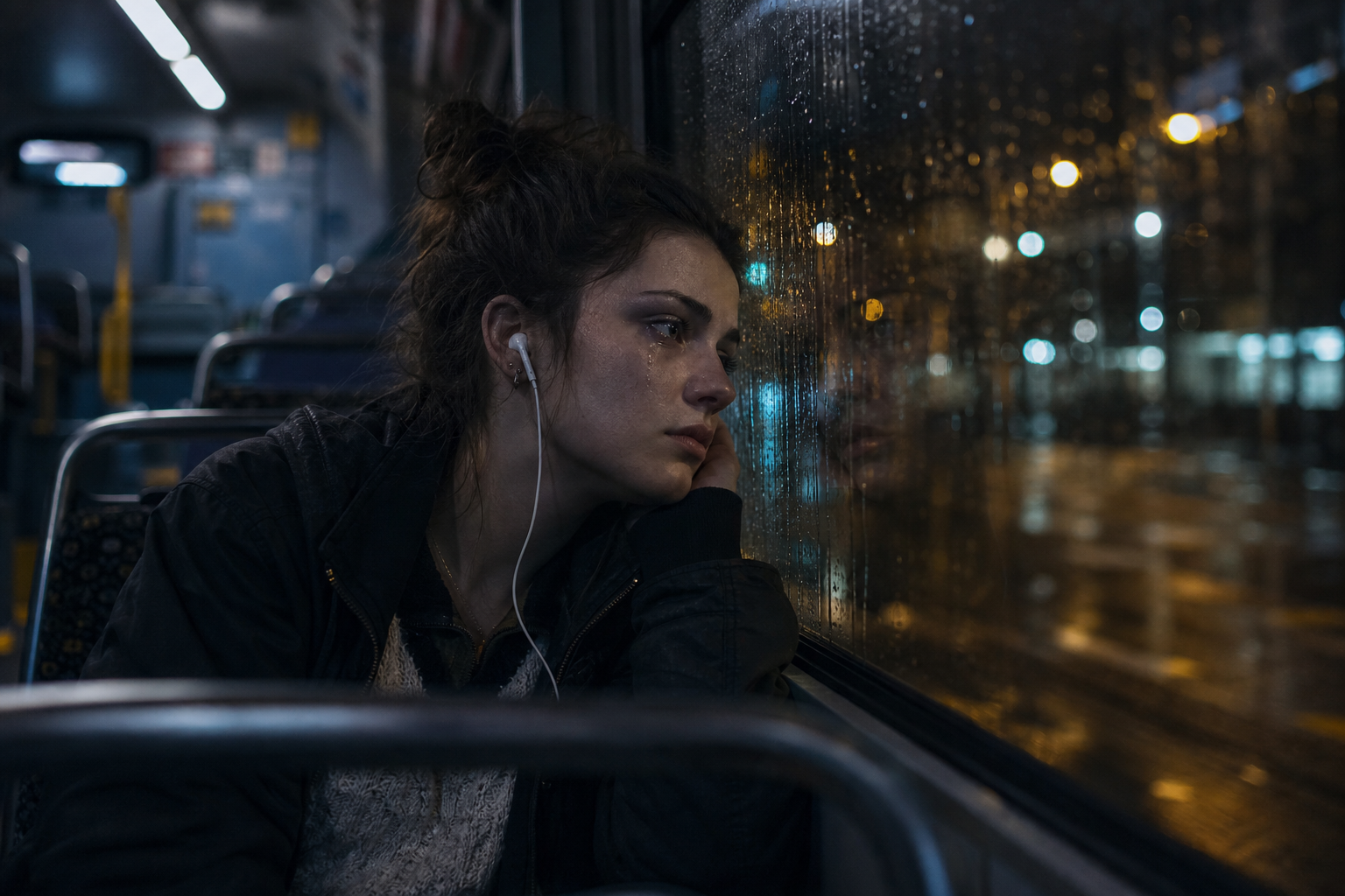 A solitary person riding a late-night bus, city lights blurred through wet glass