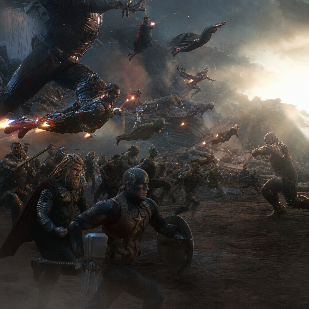 Photorealistic scene of the Avengers assembled in a massive battle against Thano