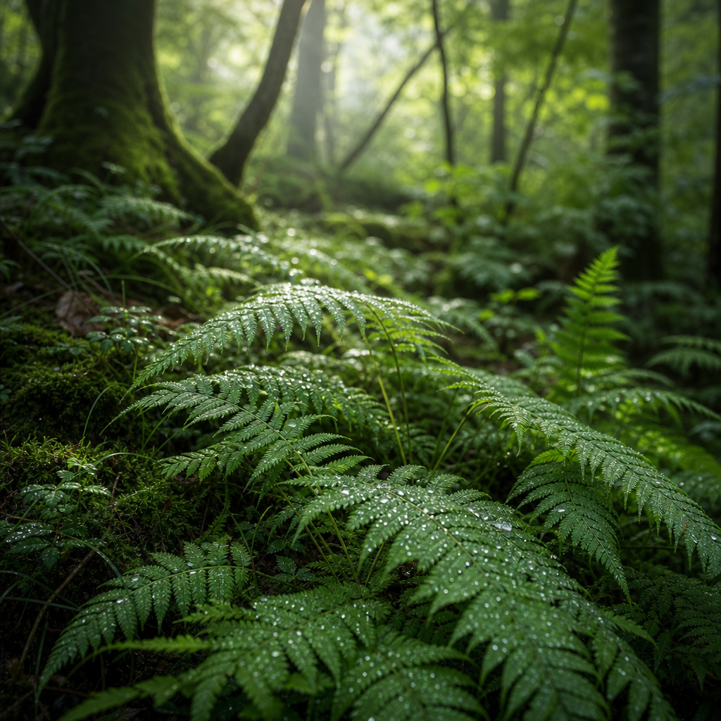 Photorealistic close-up of a lush green fern forest floor with morning dew drops