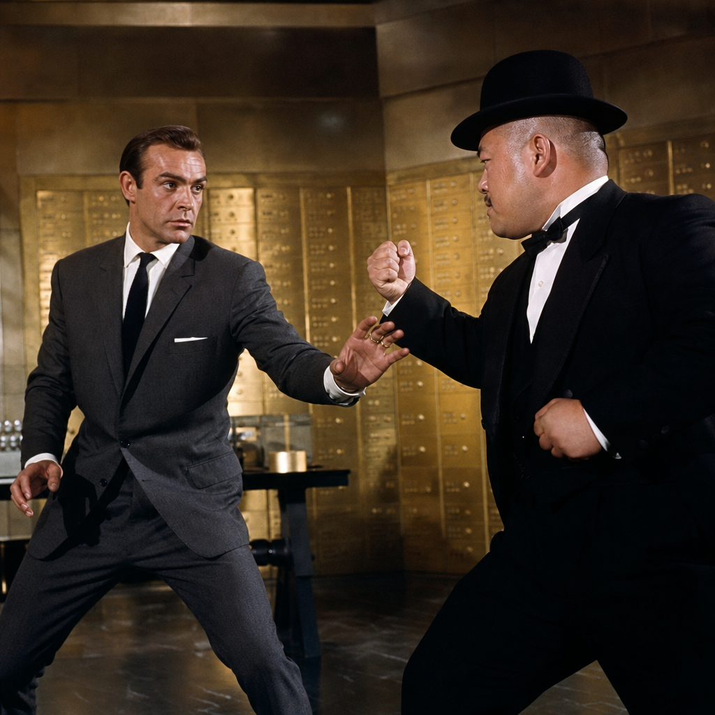 Photorealistic scene of Sean Connery as Bond facing Oddjob in the gold vault fro