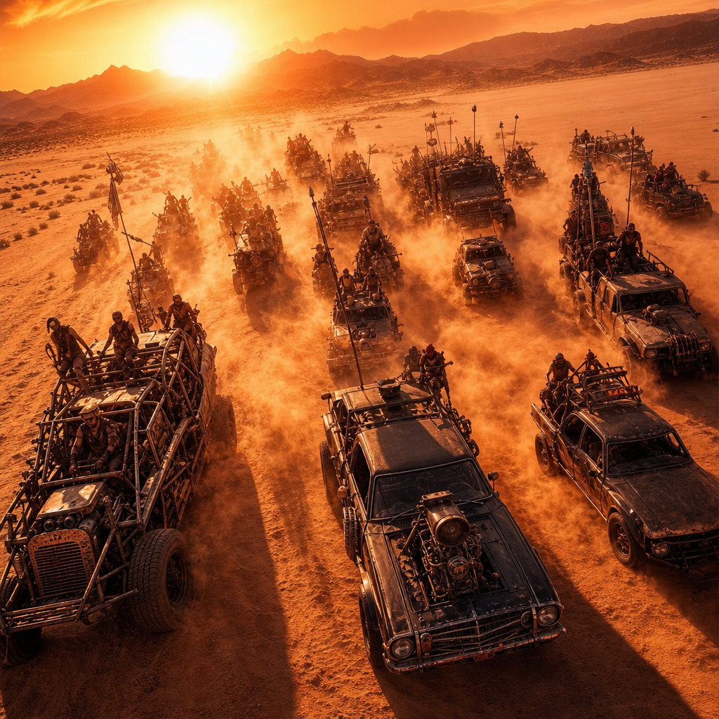 Epic desert convoy chase with modified vehicles under a blazing sun, dust clouds