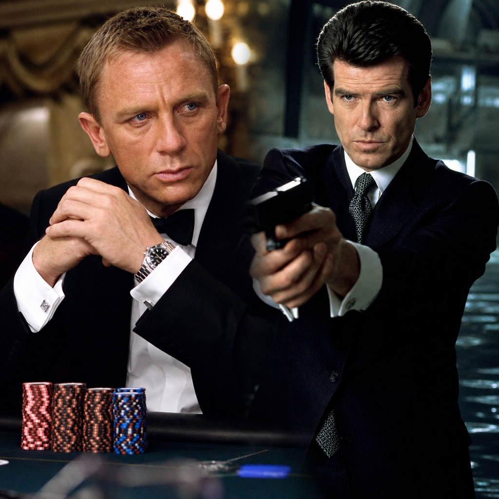 Photorealistic collage of Daniel Craig in a tense poker scene from Casino Royale