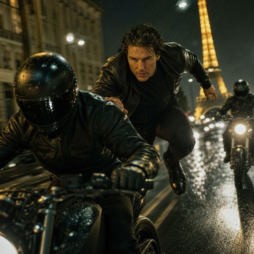 Photorealistic night scene of a motorcycle chase through rainy Paris streets wit