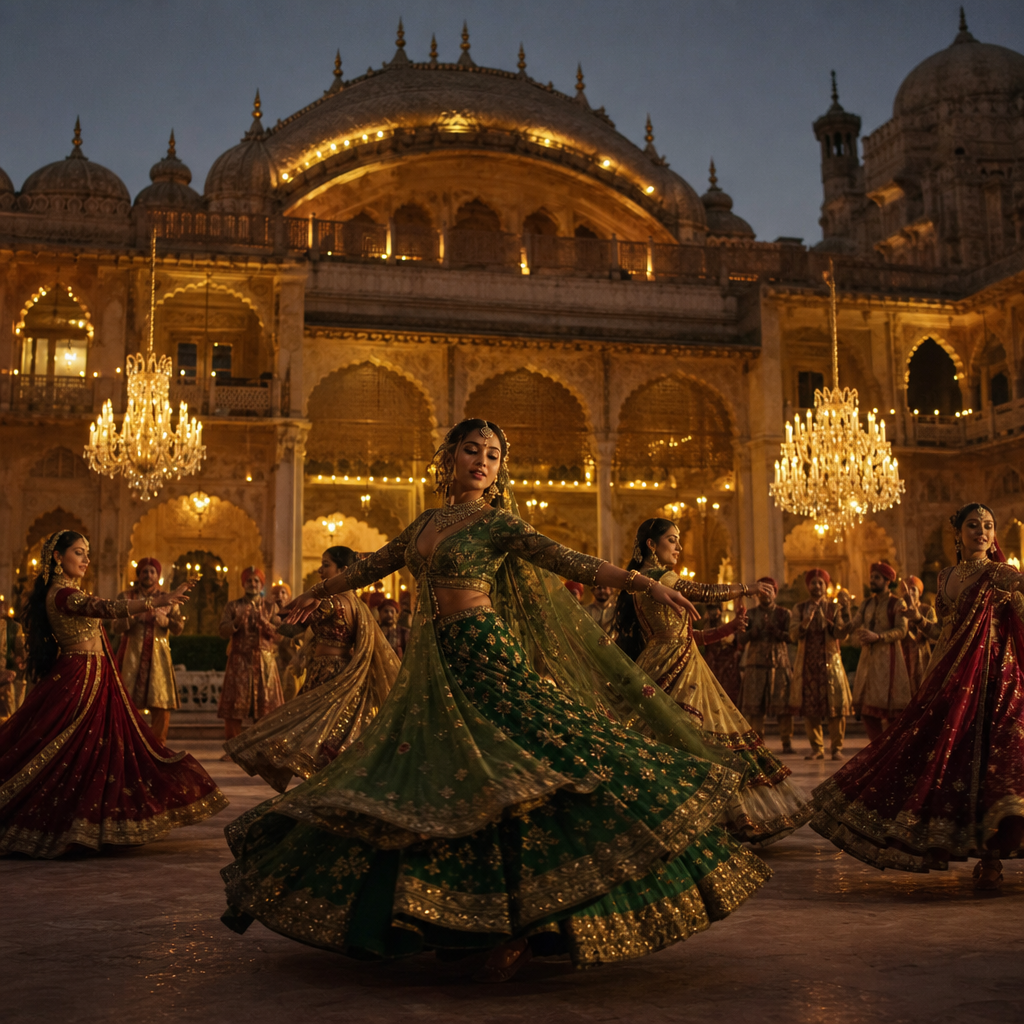 Photorealistic scene of a grand Mughal palace courtyard at dusk with actors in t