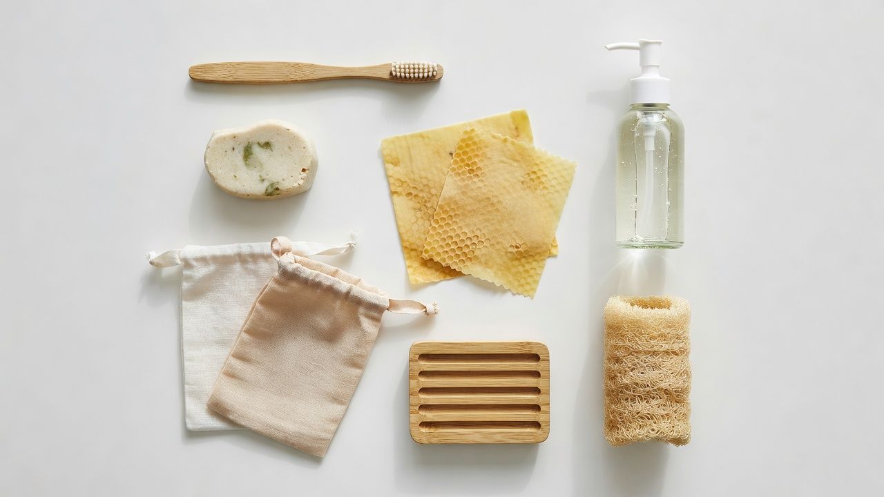 Plastic-free bathroom products: bamboo toothbrushes, shampoo bars, glass bottles and reusable cotton bags