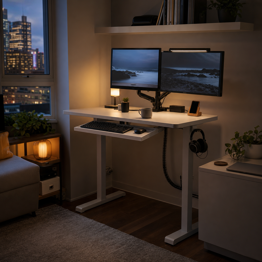 Photorealistic small home office corner showing compact white standing desk, dua
