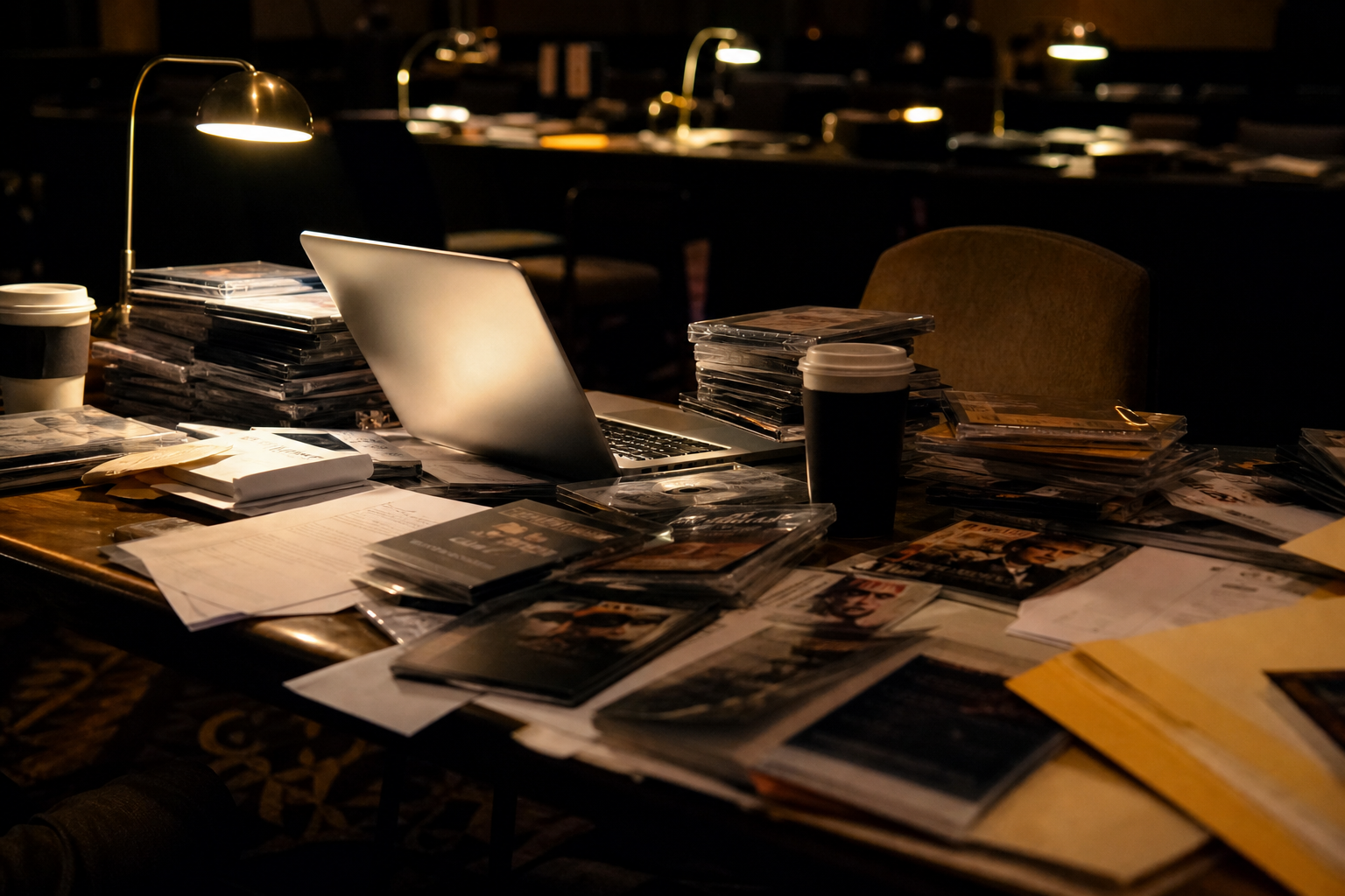Photorealistic Hollywood ballot table covered with DVDs, screenplay pages, gold