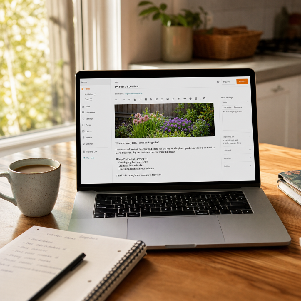 Photorealistic image of an open laptop on a kitchen table showing the Blogger da
