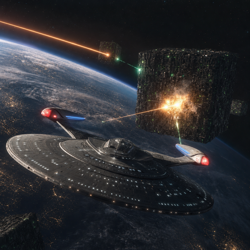 Photorealistic wide shot of the USS Enterprise-E battling Borg cubes in Earth or