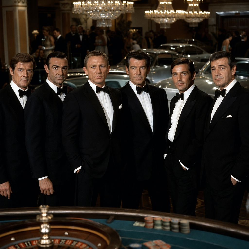 Photorealistic wide shot of iconic James Bond actors from different eras posing 