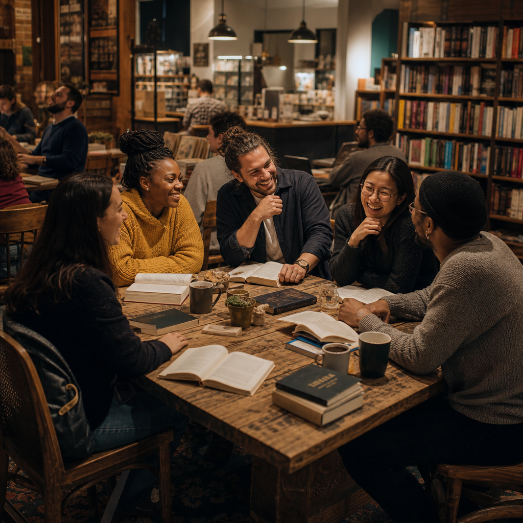 Photorealistic scene of diverse adults in their 30s laughing and chatting at a c