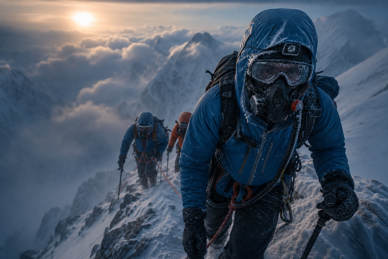 Windblown climbers inch along a snowy ridge at dawn, oxygen masks frosted, storm