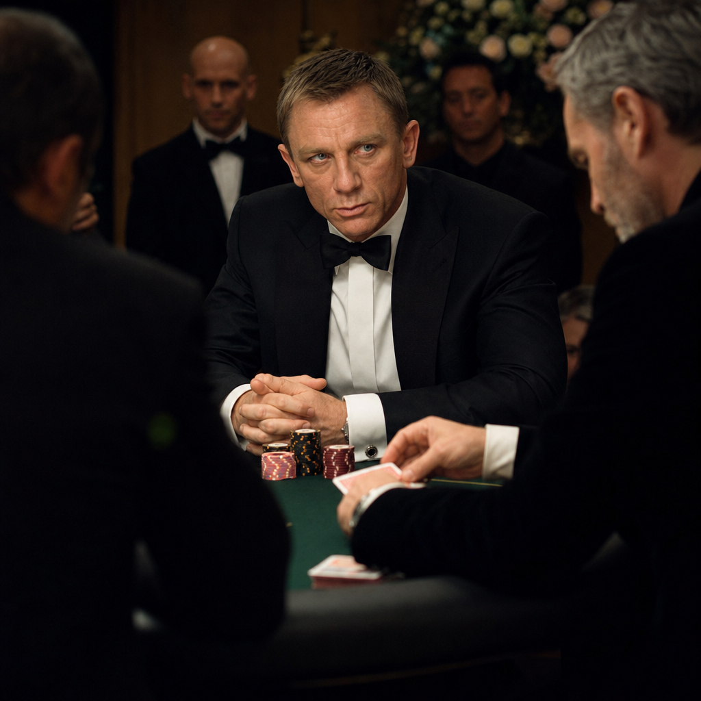 Photorealistic image of Daniel Craig as Bond in a high-stakes poker game at the 