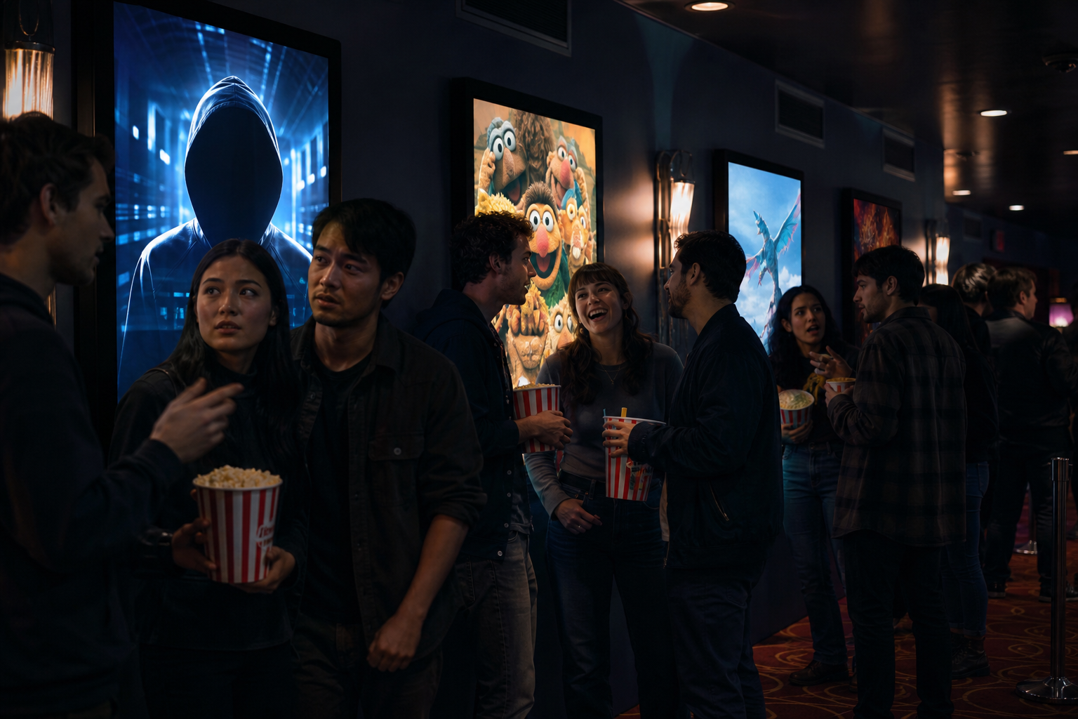 Dim multiplex hallway with vintage posters, glowing trailer screens, popcorn tub