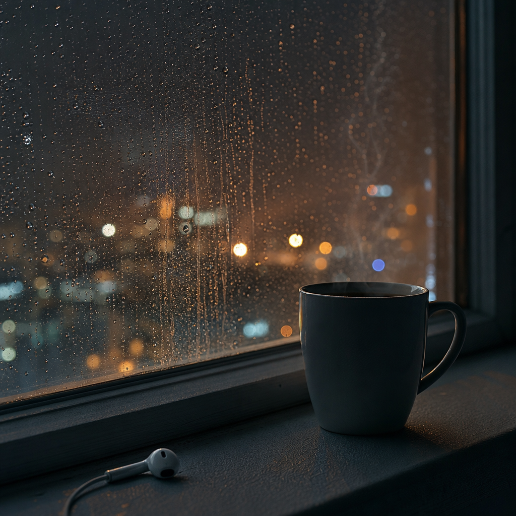 Photorealistic close-up of raindrops on a window at night with soft reflections 