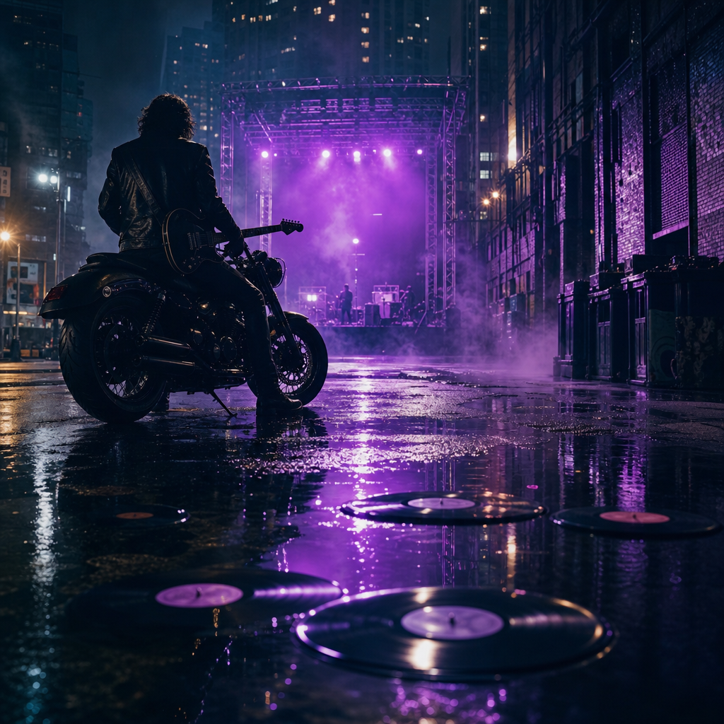 Photorealistic image of a rainy neon-lit city street at night with a purple-hued