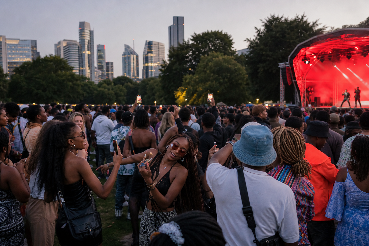 Photorealistic London park festival with diverse young crowd dancing near rap st