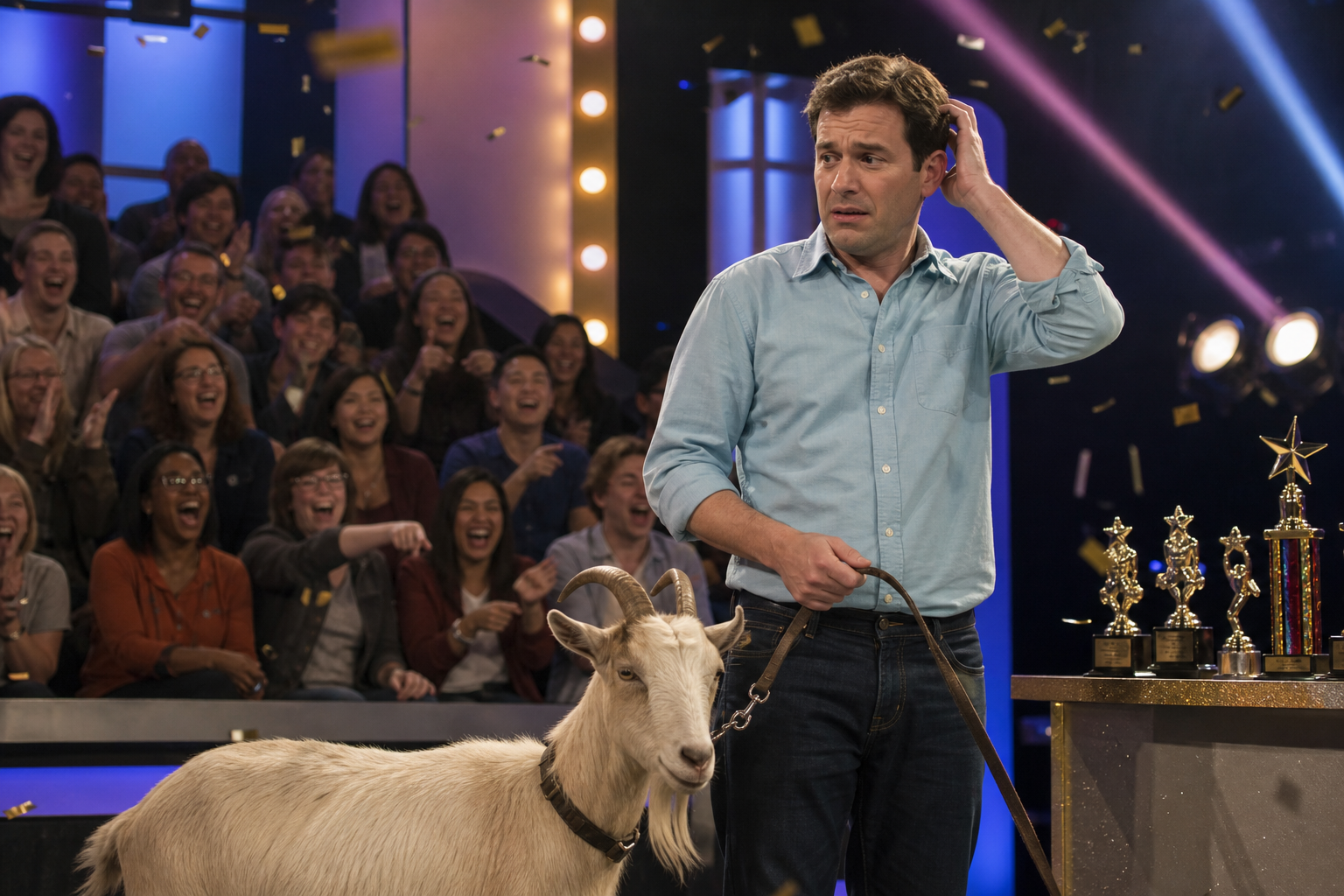 A worried game show contestant holds a goat leash beside a cheap trophy table, s