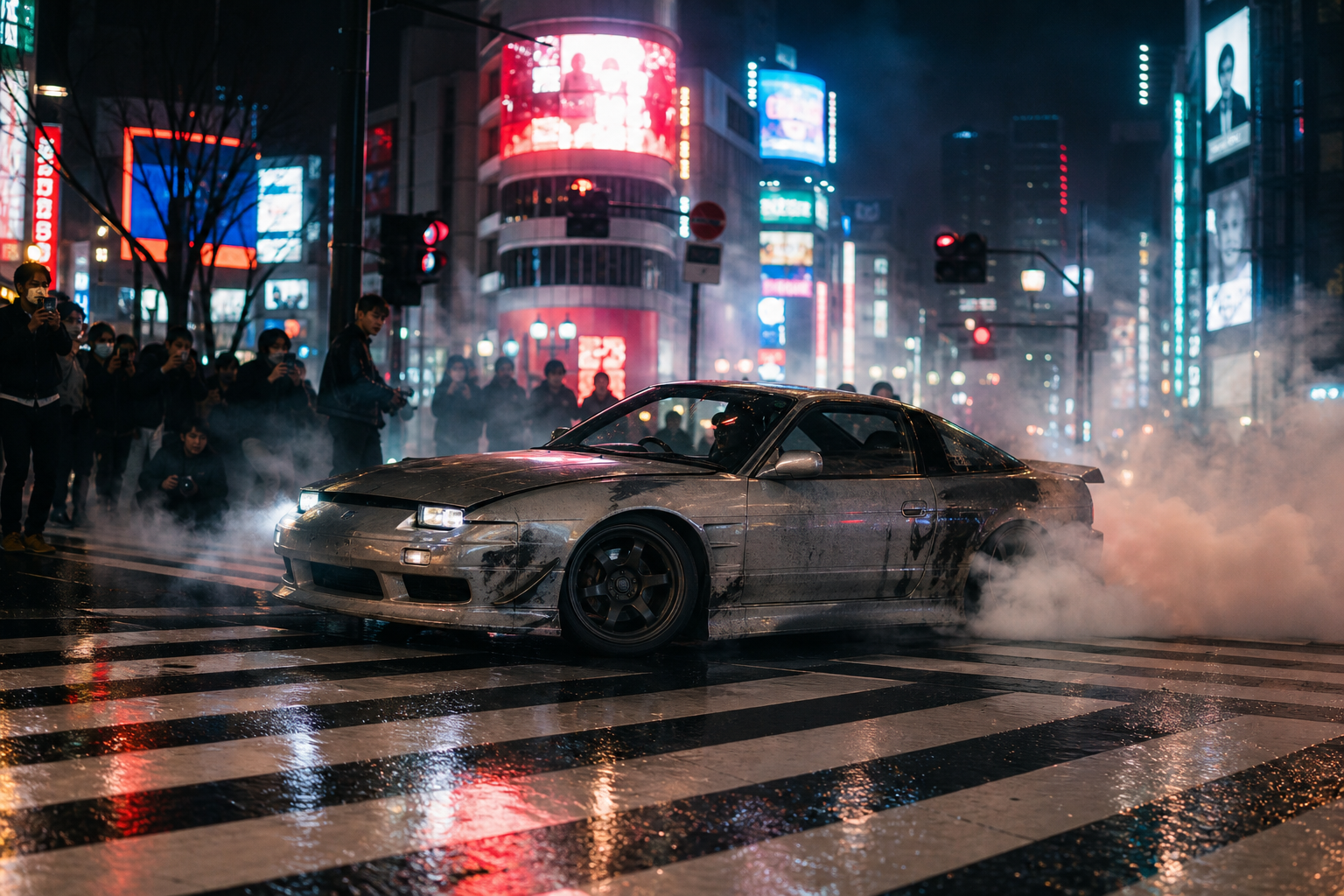 Rain-slick Tokyo intersection glowing with drifting tire smoke, a battered sport