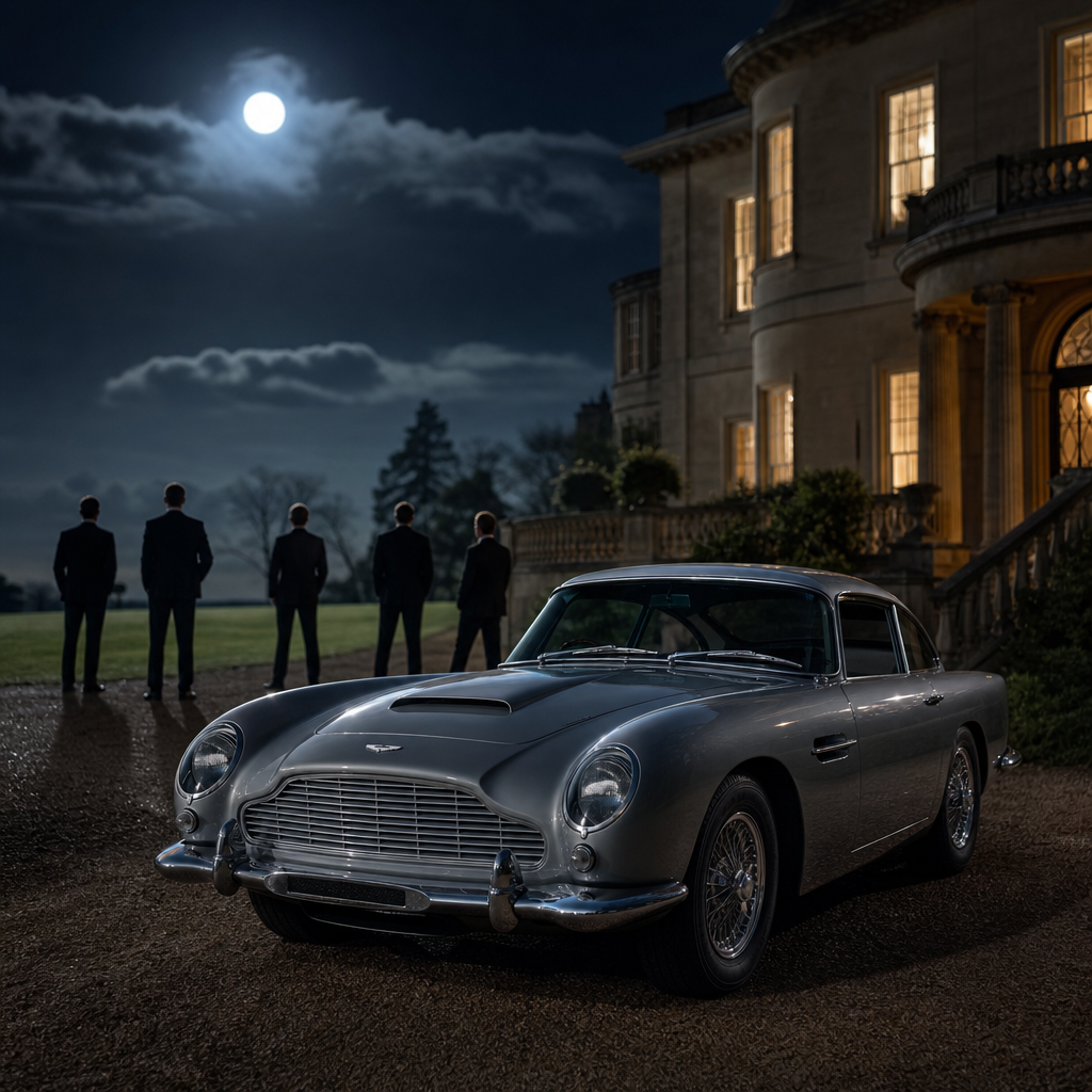 Photorealistic night scene of a vintage Aston Martin DB5 parked outside a grand 