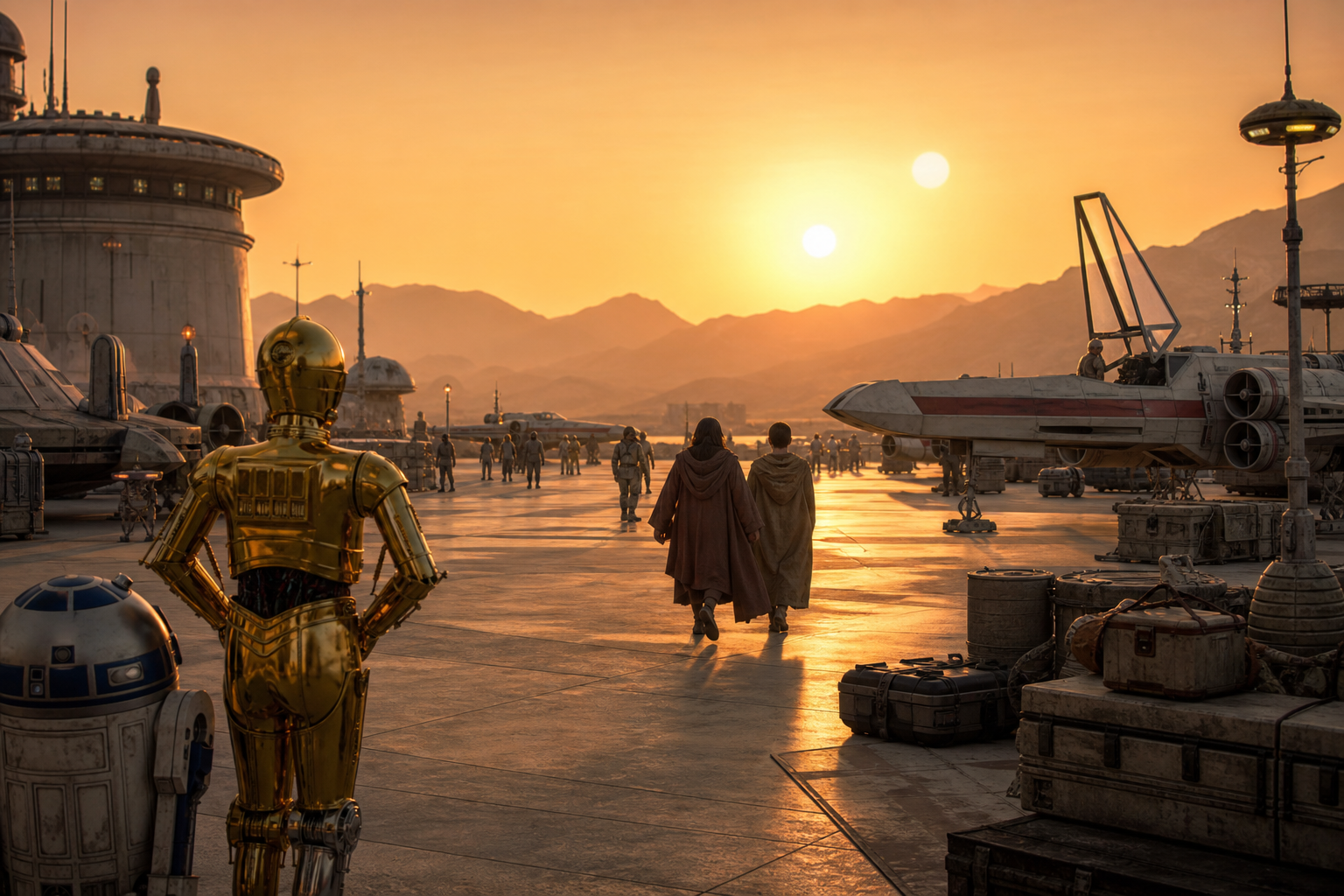 Photorealistic scene of twin suns over desert spaceport, robed travelers, sleek 