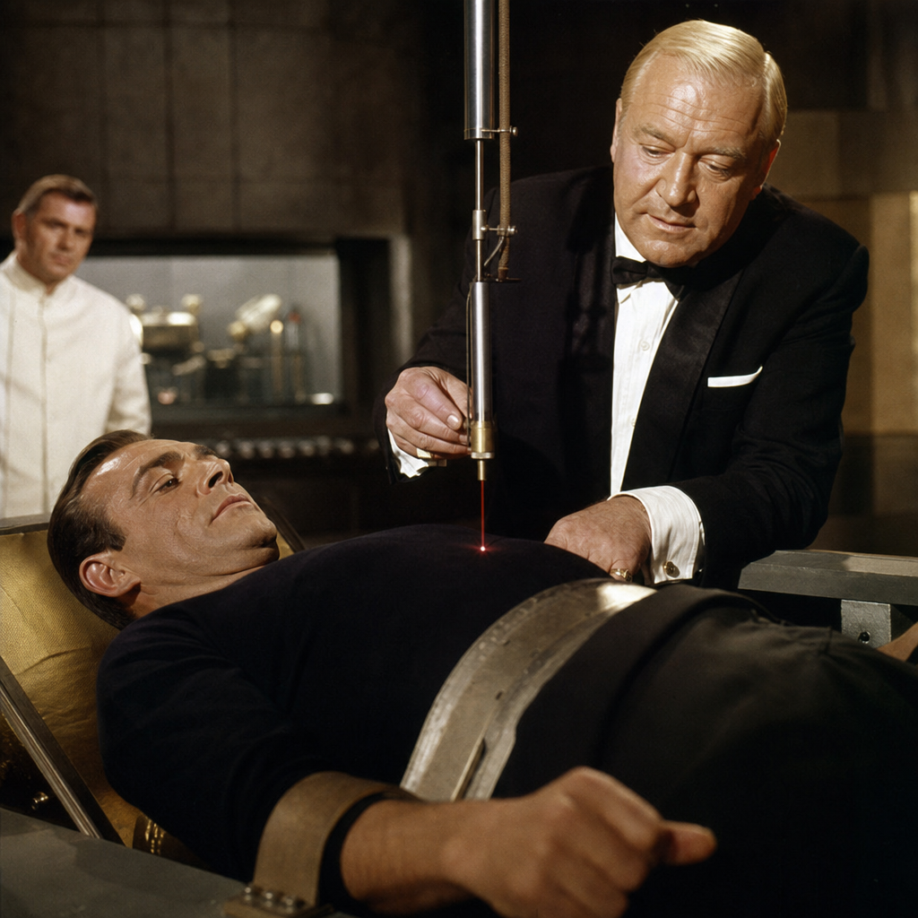 Photorealistic cinematic image of Auric Goldfinger's laser table scene with Bond