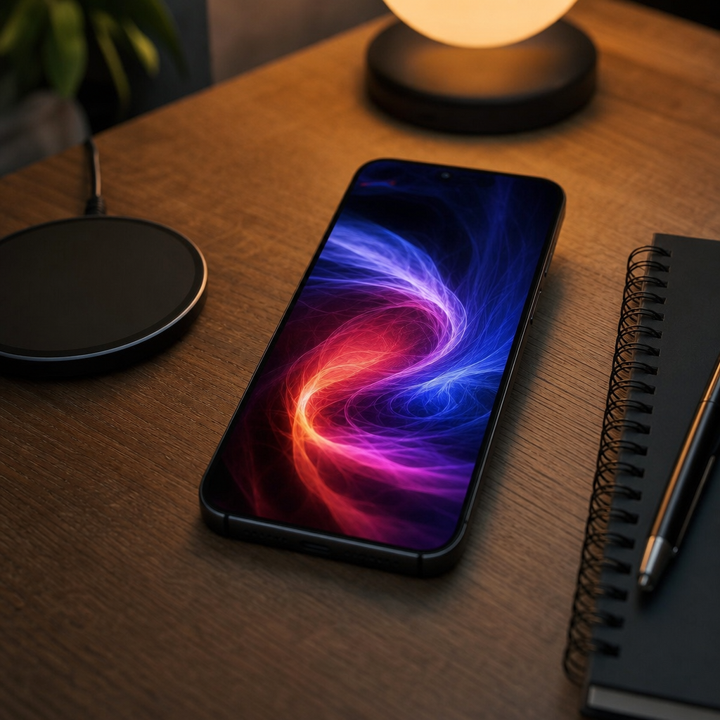 Photorealistic shot of a smartphone displaying a neon abstract swirl wallpaper o