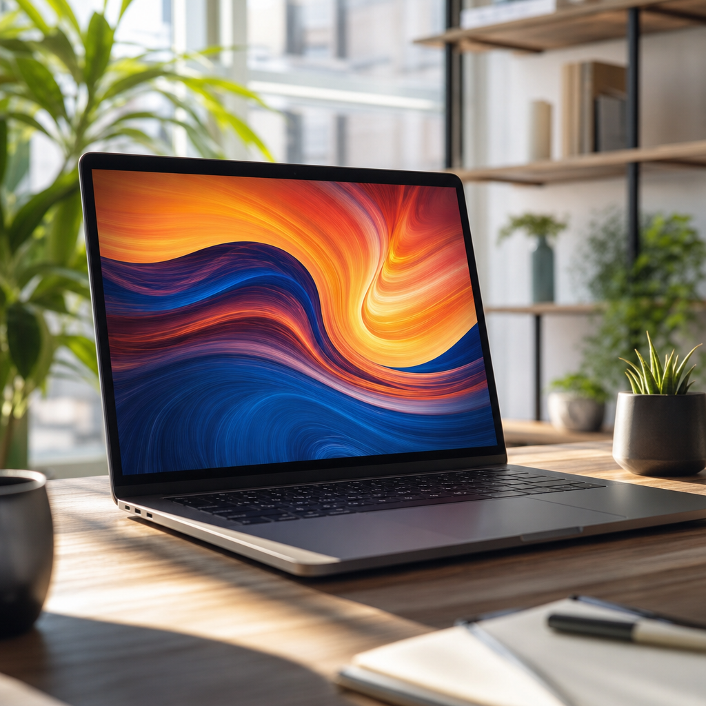Photorealistic close-up of a laptop screen showing swirling colorful abstract wa