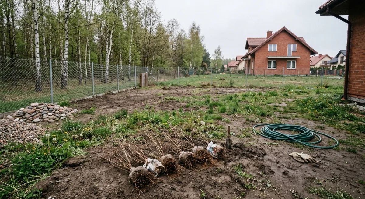 Urządzanie ogrodu Łódź - działka przed realizacją z sadzonkami gotowymi do nasadzeń