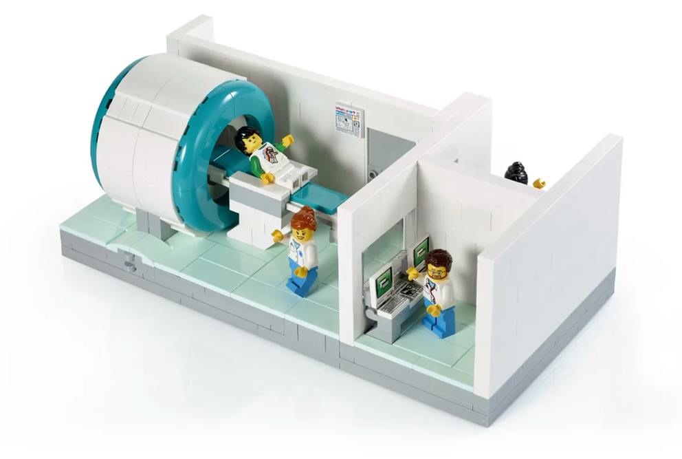 Lego creation of an MRI scanner and control room.
