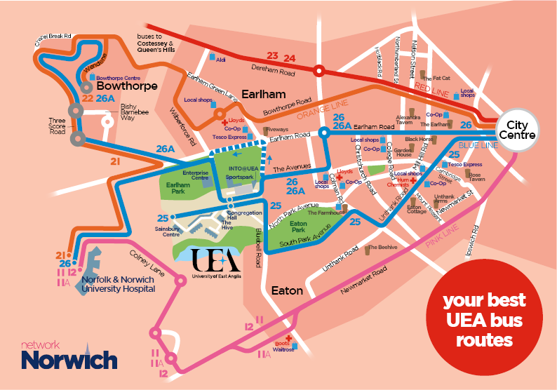 First Bus bus map of routes 25 and 26 to UEA