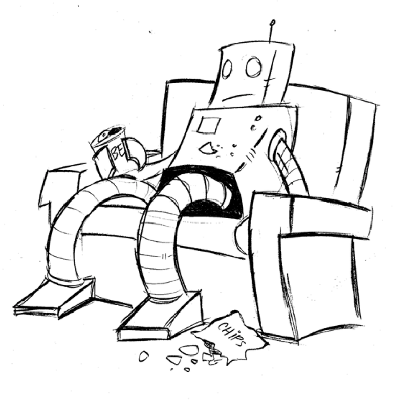 Googlebot sitting in chair eating