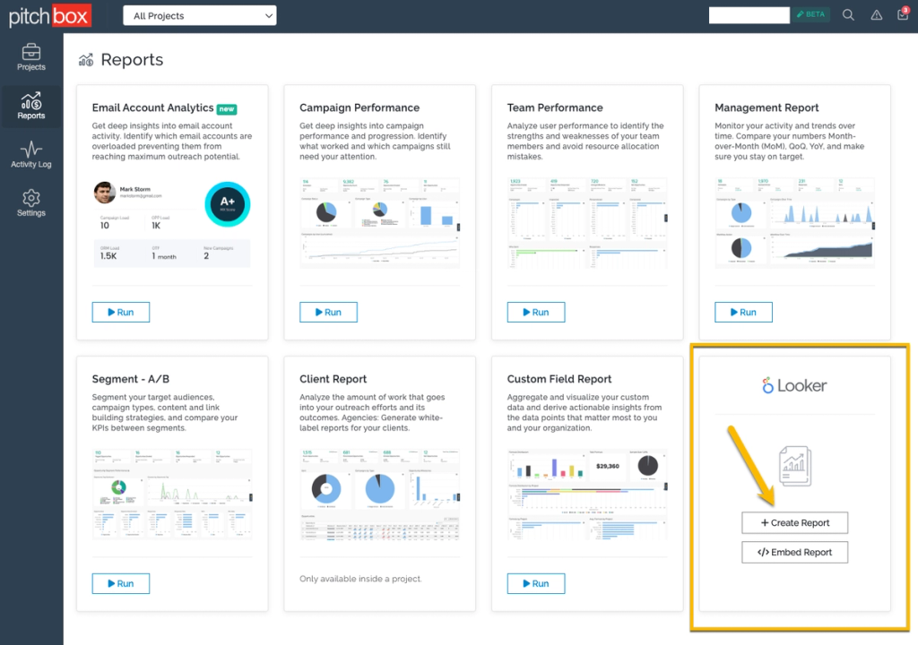 Pitchbox Reports grid with the Looker create-report tile