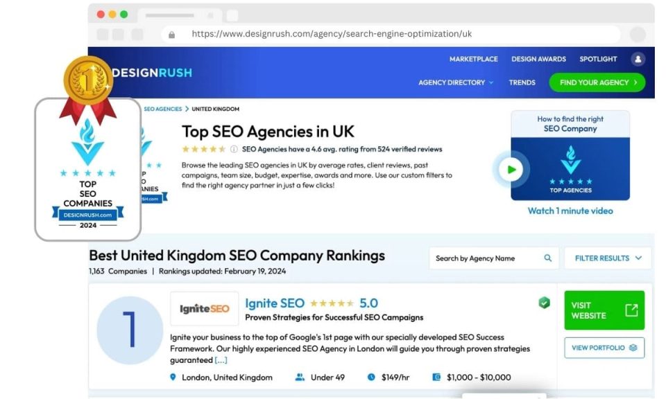 DesignRush ranking screenshot showing Ignite SEO as a top SEO agency in the UK