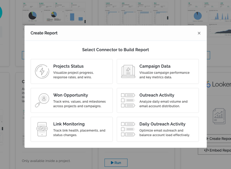 Select Connector to Build Report modal