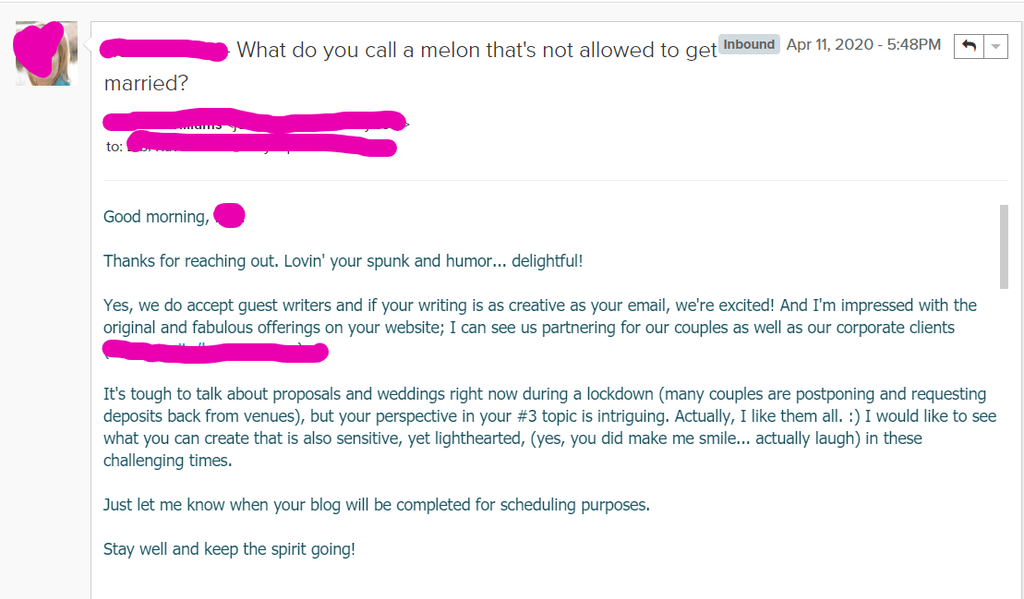 positive response. Using humor in this pitch example.