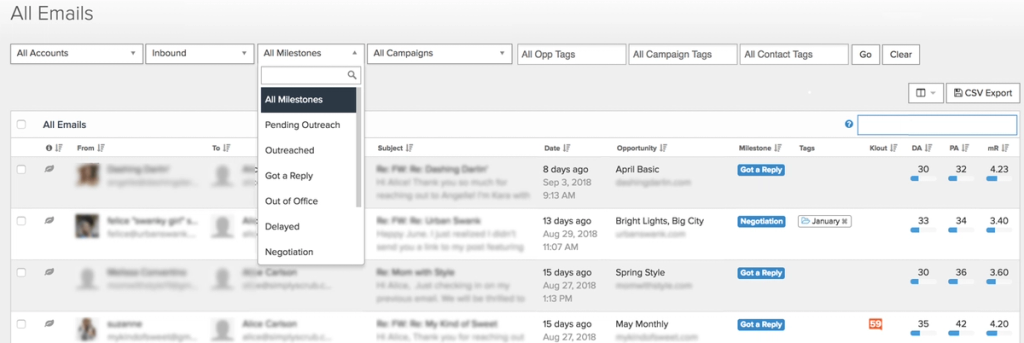 Pitchbox all emails screenshot