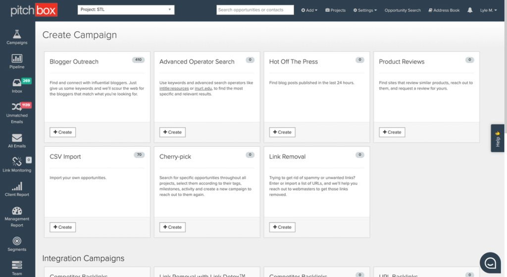 Pitchbox dashboard create campaign