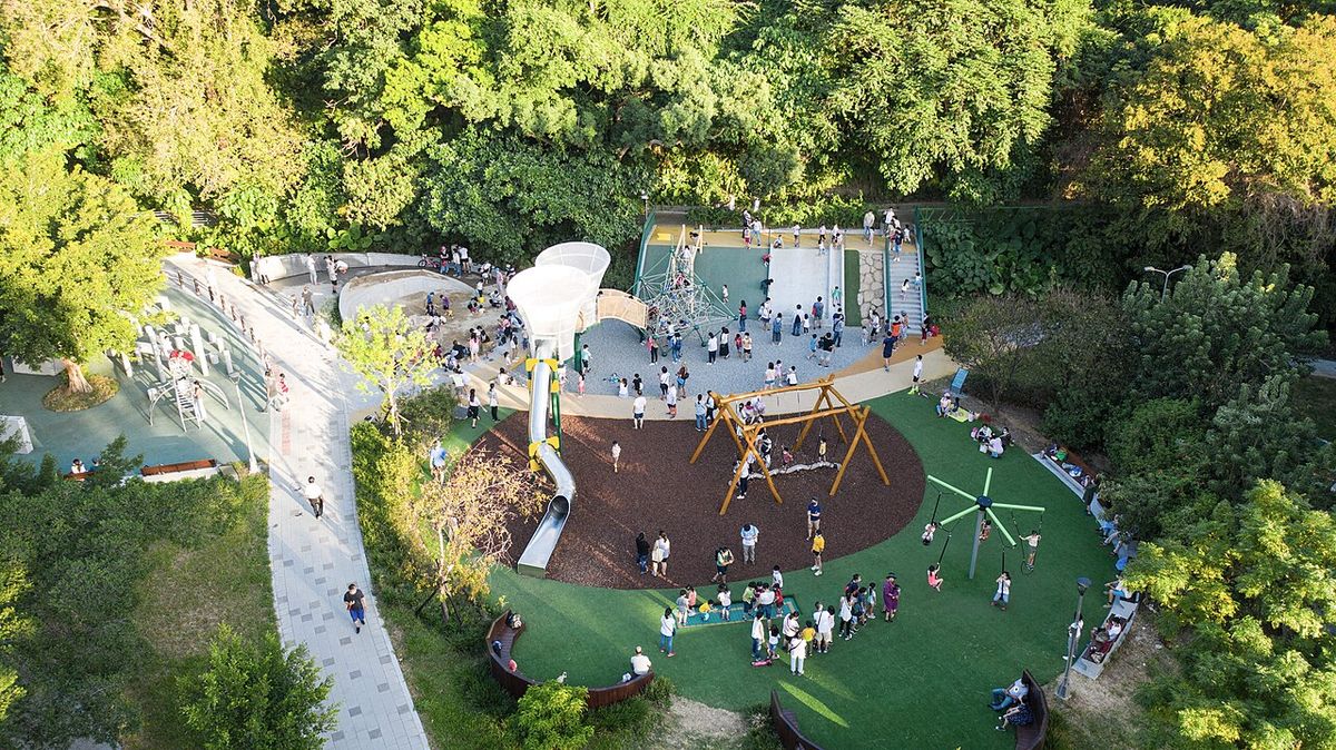 Aerial view of the children's playground in Tianmu Park, Taipei