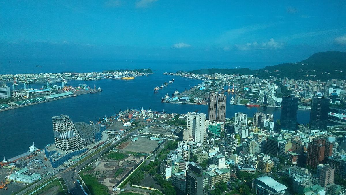 Aerial view of Kaohsiung Port container terminals with the city on the right