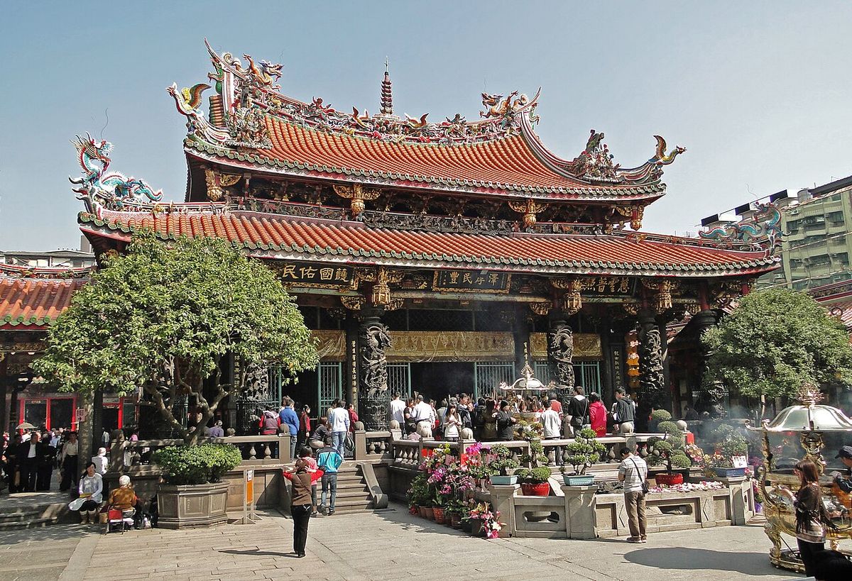 Ornate roof and lanterns of Longshan Temple in Wanhua, Taipei