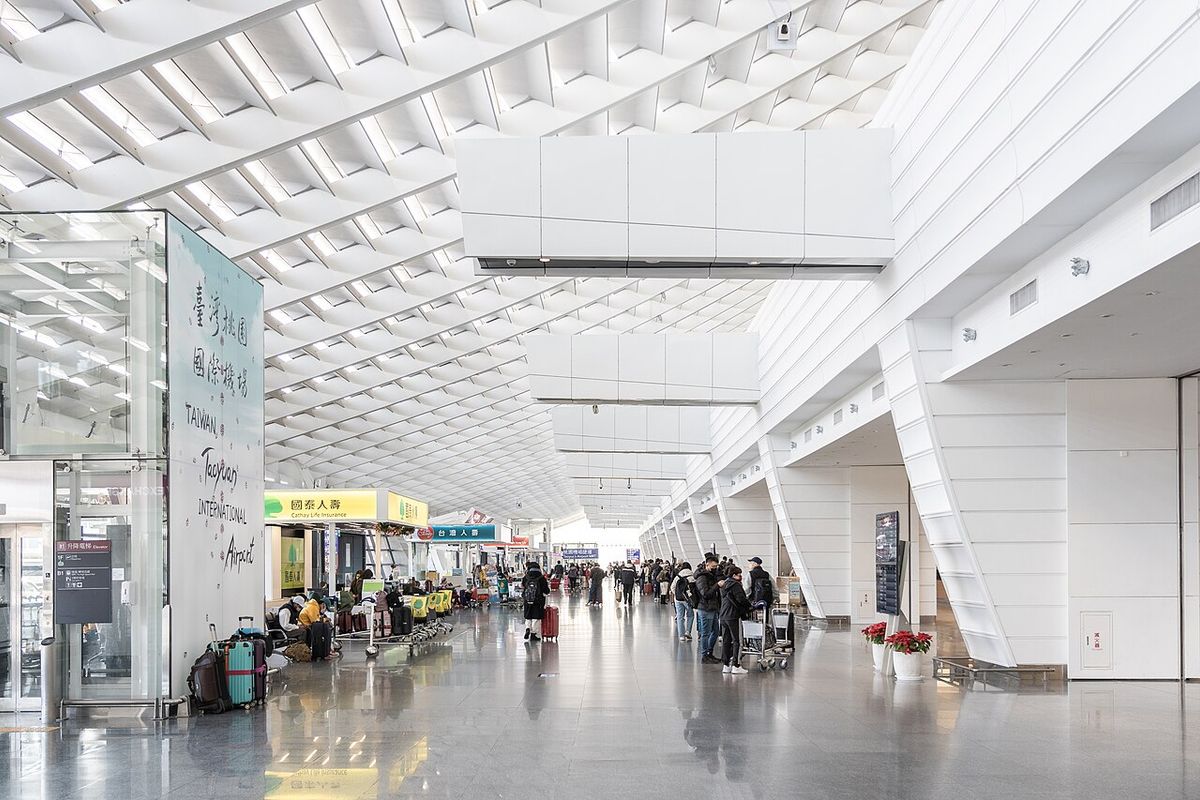 Check-in counters in the Terminal 1 departures hall at Taoyuan International Airport