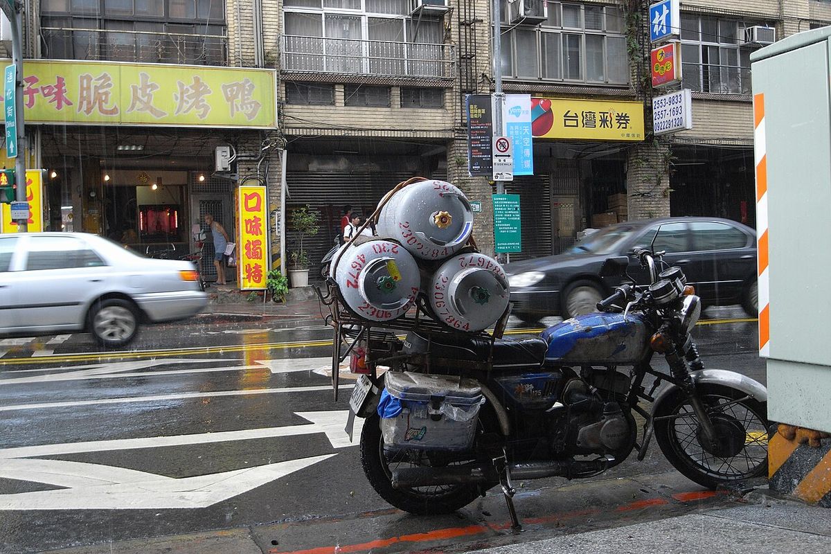 Liquefied petroleum gas cylinders being delivered on a street in Datong District, Taipei