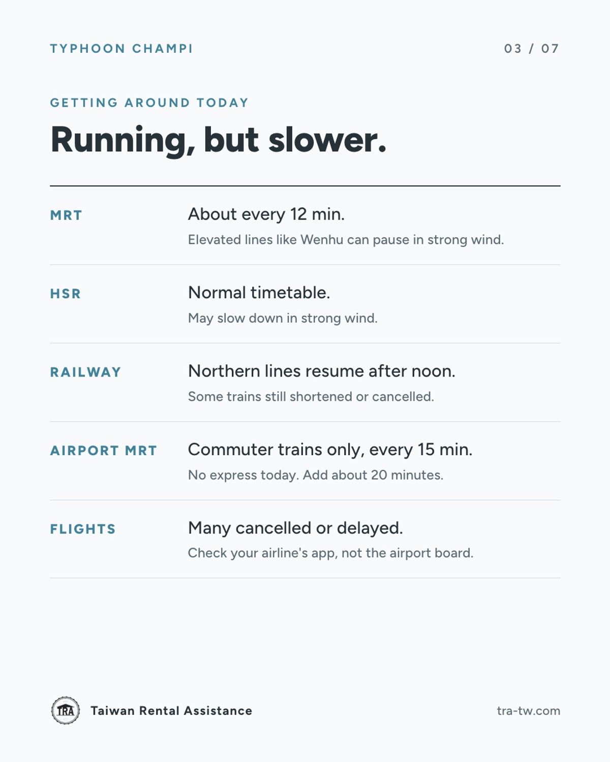 Taipei transport status on October 24: MRT, High Speed Rail, Taiwan Railway, Airport MRT and flights
