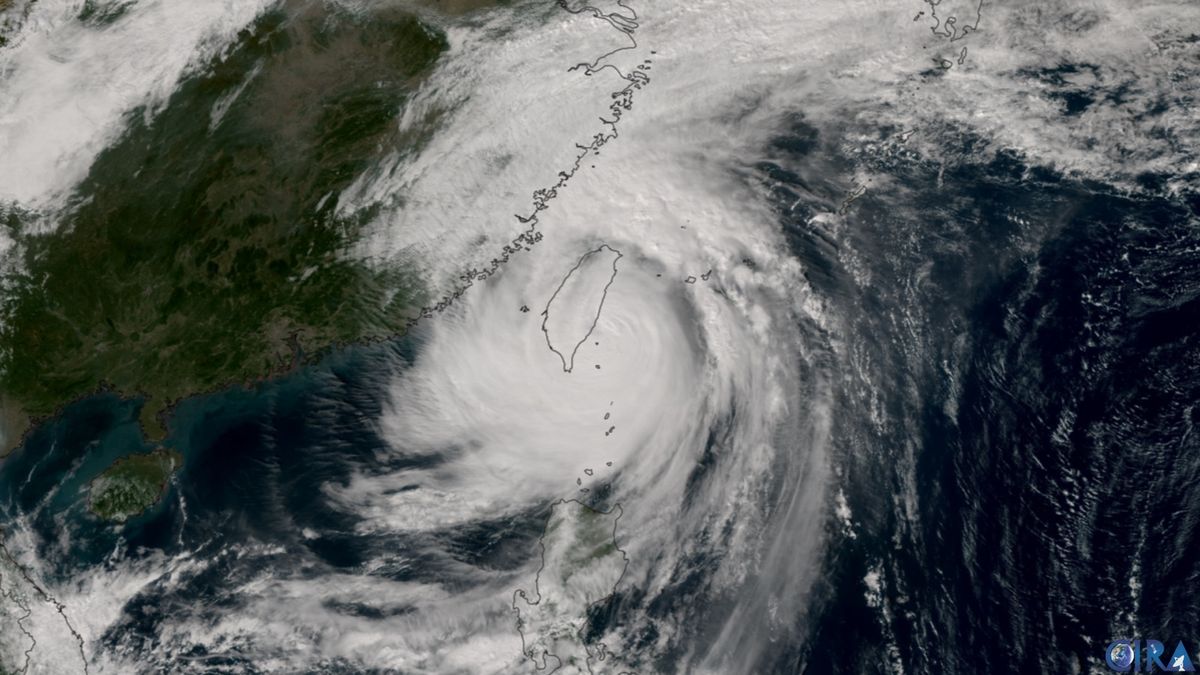 Satellite image of a large typhoon covering Taiwan, with the eye just off the east coast
